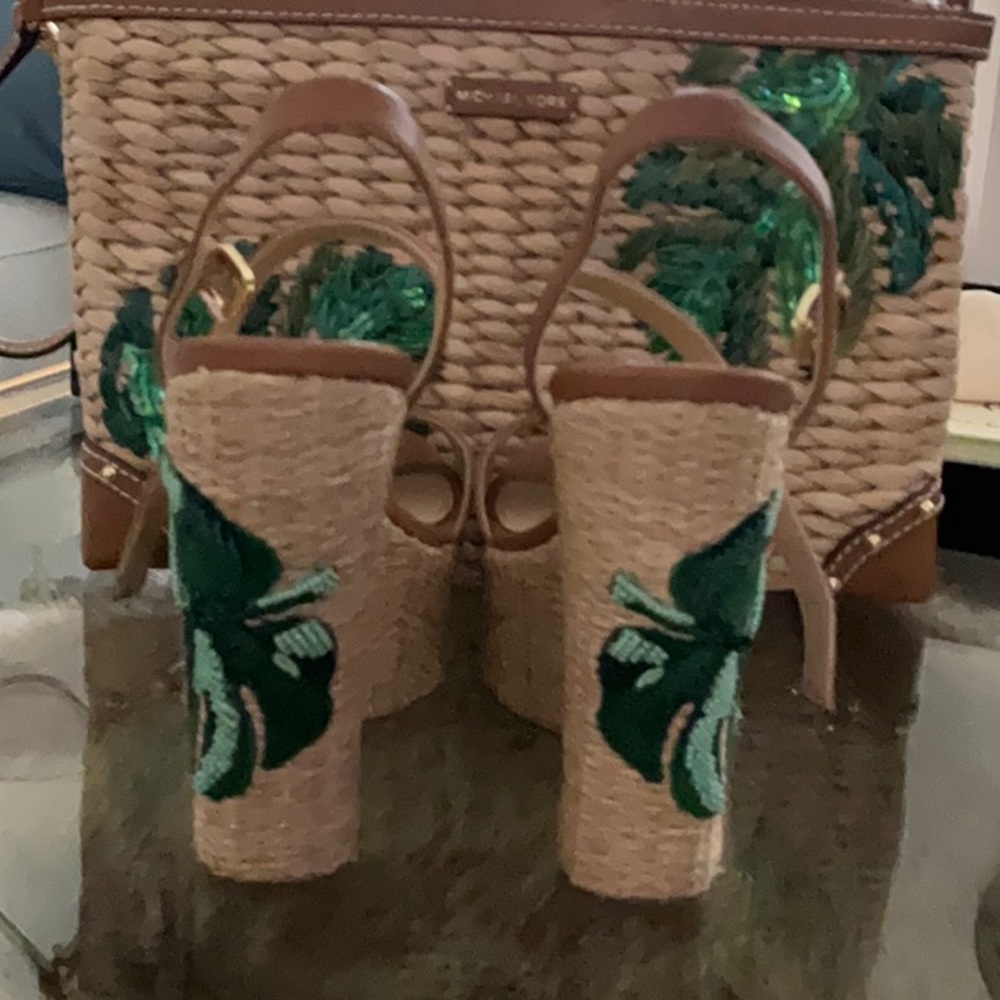 Michael Kors Tan Wedge Sandals with Leaf Design - Picture 4 of 5